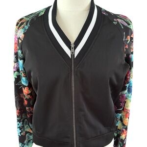 Mural Black Athletic Style Jacket with Floral Sleeves